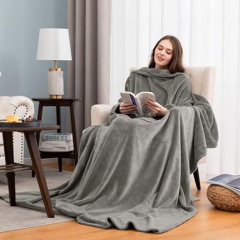 Couverture TV avec manches et poche, couverture à porter duveteuse, douce et chaude, confortable et confortable pour femme et homme en cadeau, 170x120cm, Gris (1/4)