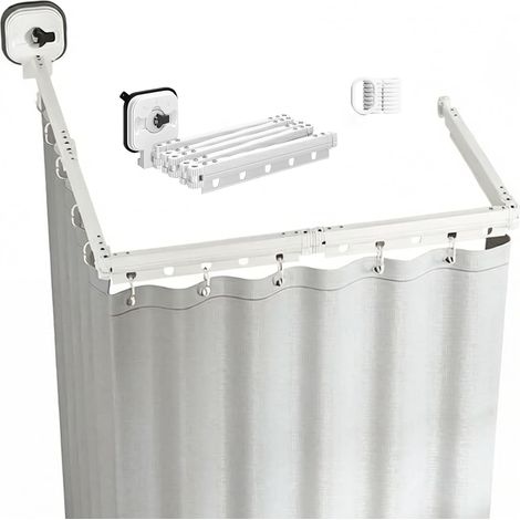 Barre de douche d'angle pliable avec ventouses, sans perçage, solution gain de place et durable pour la salle de bain. Comprend un rideau de douche blanc (180 x 200 cm) et des crochets coulissants bla (1/5)