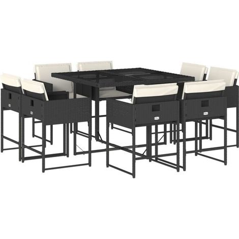 Ensemble de Table et Chaises de Jardin 9 Pièces, Résine Tressée Noire avec Coussins (1/5)