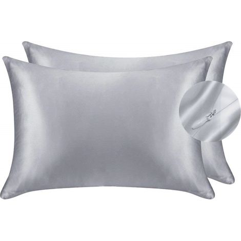 [MAI UTILIZZATO]  Set di 2 federe in finta seta - per capelli e pelle - 19 mm su entrambi i lati, grigio argento, standard 50x75 cm -INHHUB