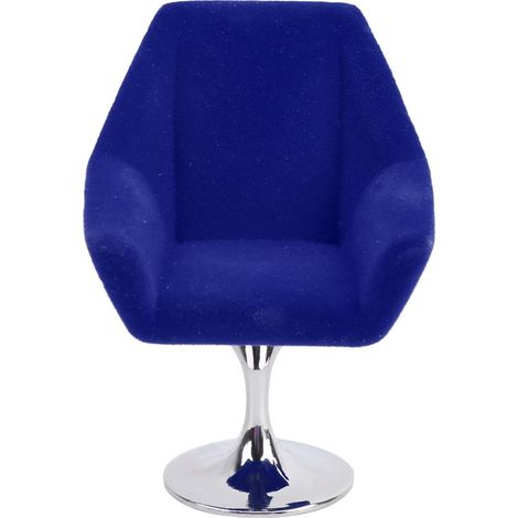 Fauteuil miniature rotatif en velours bleu pour maison de poupées 1:12, accessoire meuble avec revêtement floqué. (1/5)