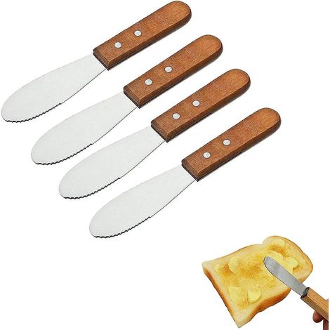 Ensemble de 4 pièces en acier inoxydable : tartineur à beurre à lame large et droite et couteau avec manche en bois. (1/5)
