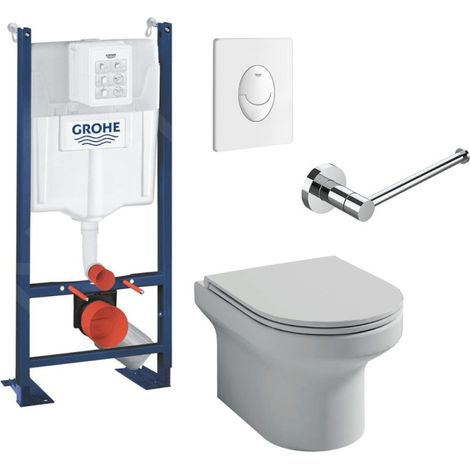 Pack inodoro suspendido Jacob Delafon sin brida Elite + Estructura soporte inodoro Grohe Rapid S+ Mando Grohe blanco + Portarrollos