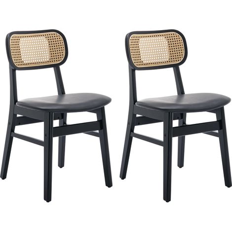Wahson Lot de 2 chaises de salle à manger en bois avec coussin imperméable – Dossier en rotin tressé – Pieds en bois massif – Noir (1/5)