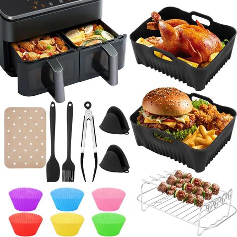 Zubehör für die COSORI 2-Kammer-Heißluftfritteuse mit 8,5 l Fassungsvermögen, kompatibel mit Ninja SL400/Russell Hobbs 27681-56. Das Zubehör umfasst eine Silikonform und eine Heißluftfritteuse.