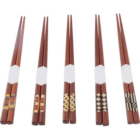 5 Paires de Bagettes en Bois de Santal Rouge à Motifs Rainurés, Réutilisables et Naturelles (1/5)