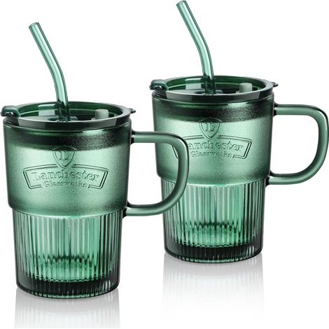 Lot de 2 Verres 450ml, Vert, Couvercle, Paille, Etanche, Anti-Fuite, Maison, Boisson, Transparent (1/5)