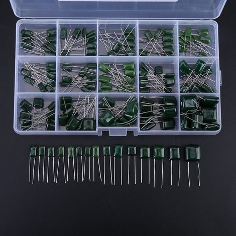 Sortimentsbox mit 150 Polyesterfolienkondensatoren (100 V, 15 Werte, 0,33 nF–470 nF), (1/5)