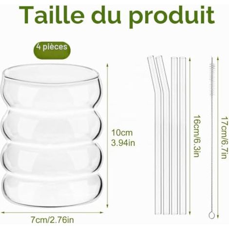 4 Verres Rippés avec Pailles en Verre, Verres Bubble de 350ML, Verre Matcha avec Paille, Verres à Café, Verres à Glace Rippés pour Cocktails, Whisky, Thé, Soda et Café