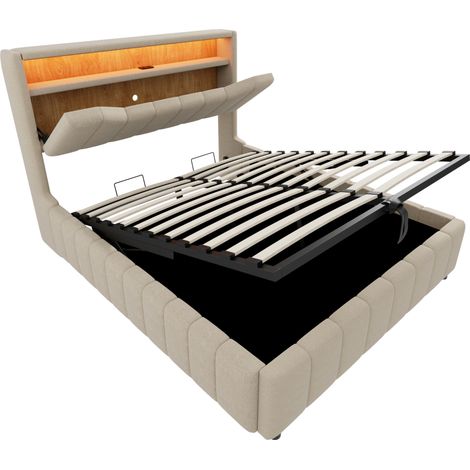 Cama con canapé 140 x 200 cm beige de lino, cabecero con LED, USB y USB-C, HOMVRA (1/5)