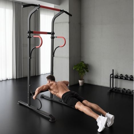 Verstellbare Power Tower mit Klimmzugstange, Dip-Station aus Stahl, schwarz/rot OKMYHOME (1/5)
