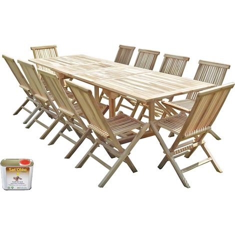 C&L Jardin – Ensemble table et 10 chaises en teck massif – Finition brute et ponçage fin – Huile Sat'Oléo incluse – Dimensions table 180/280x90x75cm (1/4)