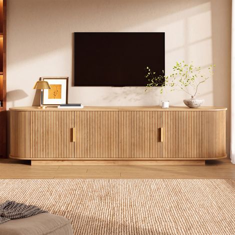 Meuble TV 180 x 35 x 50 cm, façade ondulée, 4 portes avec poignées métal, grand rangement, MDF et aggloméré, Naturel (1/5)