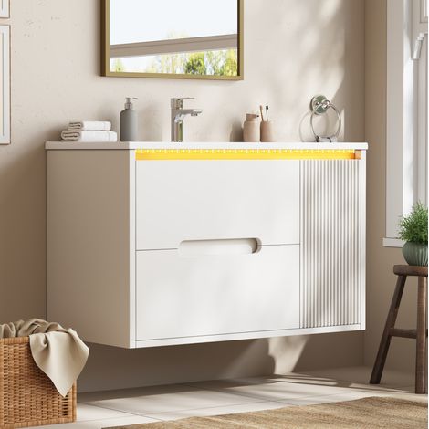 Meuble de salle de bain mural 81 cm avec vasque en céramique, LED connectée, blanc OKMYHOME (1/5)