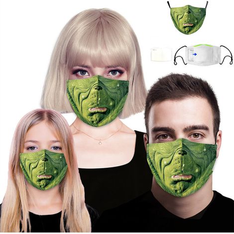 Masque de protection 3D Grinch aux cheveux verts - Décoration faciale réutilisable - Impression numérique - Idéal pour Halloween et Noël (1/5)