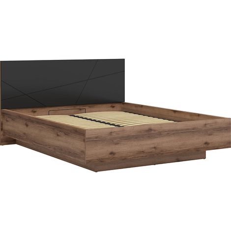 Lit coffre 160x200 avec sommier et rangement, coloris Chêne delano / Noir mat - Longueur 206 x Profondeur 169,5 x Hauteur 98,5/43 cm (1/5)