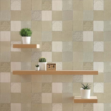 TADESSI Tapete Fliesen Luca M1-No.383 Vliestapete Creme Grau Landhaus Geometrisch Wohnzimmer Schlafzimmer Küche (1/4)