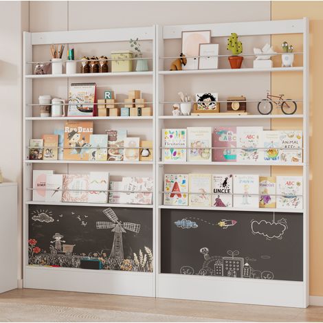 Estantería para libros, 200x10x180 cm, con pizarra, para pared, MDF y metal, blanco (1/5)