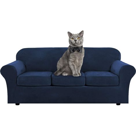 Soft stretch velvet sofa cover with separate cushion covers for 1, 2, 3 seater sofas with anti-slip strap for living room, bedroom (navy blue, 3 seater) (1/5)