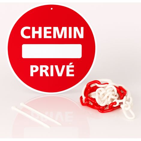Chemin privée disque rigide prépercé avec chaine plastique rouge/blanc avec collier de serrage de serrage - panneau rond signalisation Diamètre 300 mm