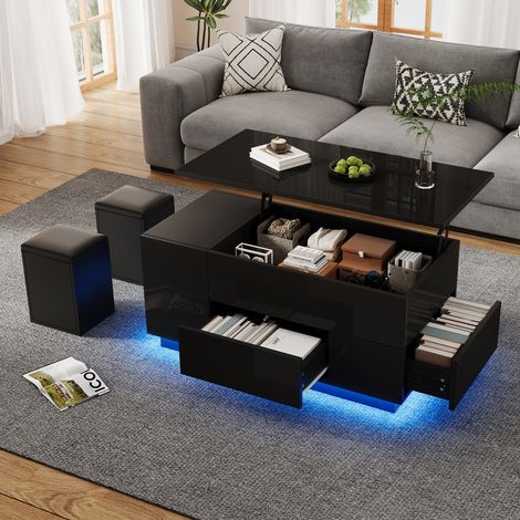 DESMIU Table Basse Relevable avec 2 Tiroirs LED et 2 Poufs, Rangement Cache, pour Salon, Noir, 100 x 50 x 45 cm (1/5)