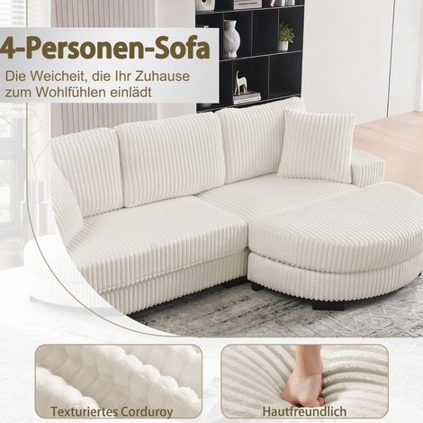 Canapé d'angle en L 4 places, 256,5 x 133,5 x 89 cm, velours côtelé classique, design modulaire avec pouf ovale, 2 coussins inclus, idéal salon, appartement, bureau, beige (1/5)