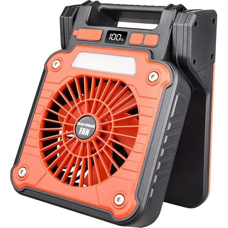 Ventilateur solaire rechargeable de tente portable avec lumière LED et batterie externe, ventilateur de bureau USB réglable à 90° pour randonnée en plein air (1/5)