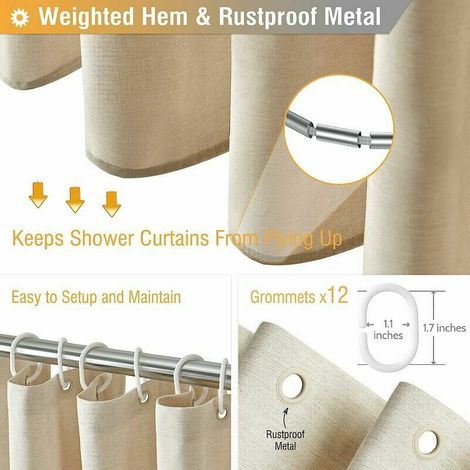 Ulisem Rideau de douche 180 x 240 cm en tissu extra long, ensemble de rideaux de douche en tissu résistant texturé en lin avec 12 crochets en plastique, rideaux de douche en polyester de luxe pour gra (1/4)
