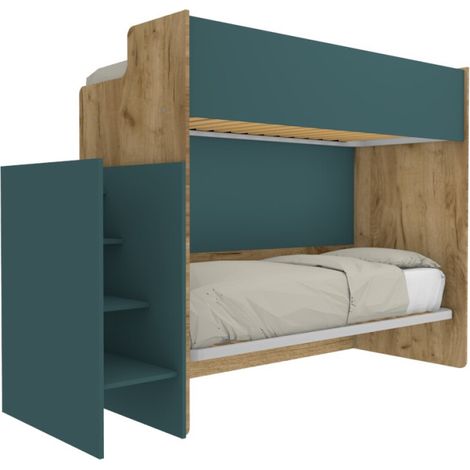 Letto a castello minimalista con terzo letto estraibile - Quercia e verde petrolio