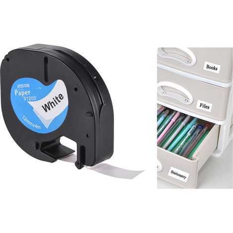 Recharges de ruban d'étiquettes autocollantes 91200, impression noire sur papier blanc, 12 mm x 4 m (1/2 pouce x 13 pieds), pour étiqueteuse DYMO LT-100H, 1 rouleau (1/5)