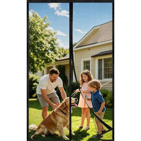 Moustiquaire magnétique pour porte ou fenêtre, 90 × 200 cm, rideau anti-insectes (mouches, moustiques), sans perçage, pour baie vitrée coulissante, fixation par aimants, couleur noir (1/5)