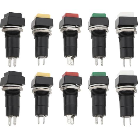 10pcs 12mm Interrupteur à Bouton-poussoir Carré Momentané SPST Interrupteur à Bouton-poussoir Momentané 250V/3A pour l'électronique Automobile Noir Blanc Jaune Vert Rouge (1/5)