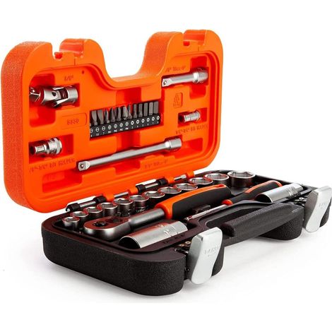 Bahco S330 - 1/4 and 3/8 Square Drive Socket Set with Metric Hex Profile and Ratchet, 34pcs