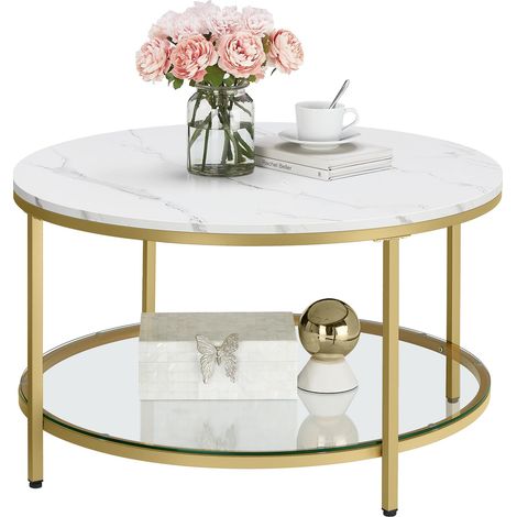 Table Basse, Table de Salon, Façon Marbre, Support en Verre Trempé, Facile à Assembler, Style Moderne, Blanc Marbré et Doré Métallique LCT071W59 (1/5)