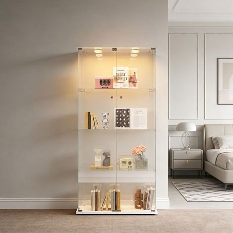 Vitrine Schrank mit einstellbarem LED, Glastüren, 4 Regalen, 78 x 35 x 163 cm, Weiß