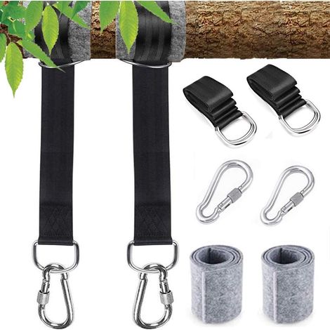 Lot de 2 sangles de fixation pour balançoire, 3 m, avec 2 mousquetons robustes et anneaux en D, peut supporter jusqu'à 1000 kg avec sac de rangement, 2 coussins de protection pour arbre (1/5)