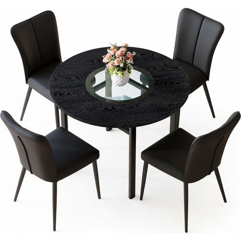 ELVMI Set Tavolo e Sedie con 1 Tavolo Rotondo e 4 Sedie, Piano in Vetro, MDF, Metallo e PU Nero (1/5)