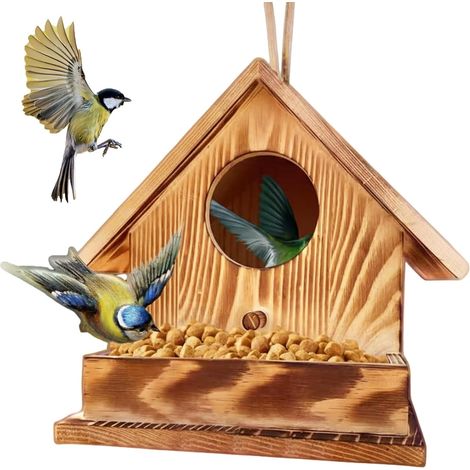 Casetta per uccelli in legno marrone chiaro naturale, realizzata a mano, da appendere, per giardino e patio, piccola per nidificare (1/5)