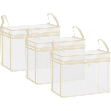 Lot de 3 Boîtes de Rangement Peluches Grand Format Blanches Crème Transparentes Anti-Poussière avec Poignée et Fermeture Éclair (1/4)