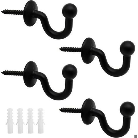 Lot de 4 Crochets Rideaux Embrasses de 61mm en Mtal Noir Retenue de Rideaux Muraux Embrasse Rideau U Design Multifonctionnels PZCC (1/4)