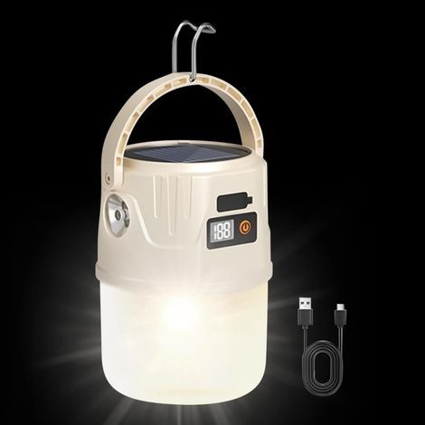 LED-Campinglampe, wasserdichte Lampe mit Solarpanel, Batterieanzeige und Haken, ideal für den Einsatz zu Hause, bei Stromausfällen, beim Angeln und bei Outdoor-Aktivitäten. (1/5)