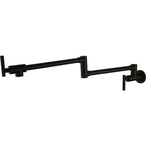 Ce robinet mural est fabriqué en acier inoxydable durable et comprend un raccord télescopique double, un bras de douche pliable et deux poignées. Il est noir. (1/4)