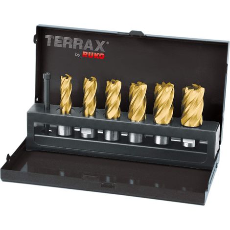 Set di frese a nucleo TERRAX HSS-TiN con attacco Weldon (3/4"), profondità di taglio 12-22 mm, in cassetta industriale – Include 6 frese e 1 perno espulsore, 7 pezzi