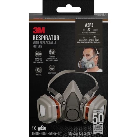3M – Demi-masque anti-gaz et anti-poussières Taille M – Élastomère thermoplastique – Norme EN 140 – Avec cartouches A2-P3 – Protection contre gaz et particules