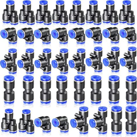 40-teiliges Set pneumatischer Steckverbinder (8 mm Außendurchmesser), bestehend aus 10 geraden Leitungen, 10 Winkelstücken, 10 T-Stücken und 10 Abzweigstücken