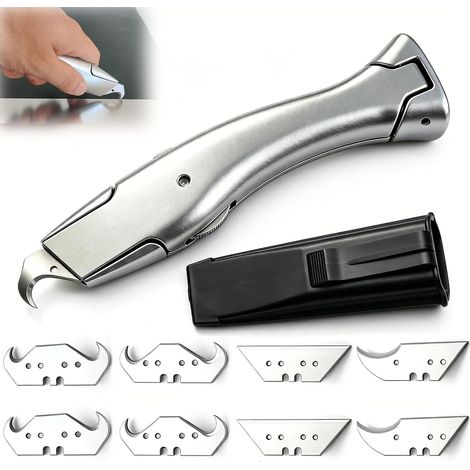 Cutter à lame crochue cutter avec 8 lames lames trapézoïdales lames crochues couteau à lame crochue couteau universel pour moquette, PVC, membranes d'étanchéité, carton (1/5)