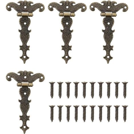 Lntyq Lot de 4 charnières en T pliantes antiques en bronze - Charnières décoratives rétro sculptées pour portes, armoires, Charnières Vintage en Bronze Charnières Rétro avec Vis Charnières Décorative (1/5)