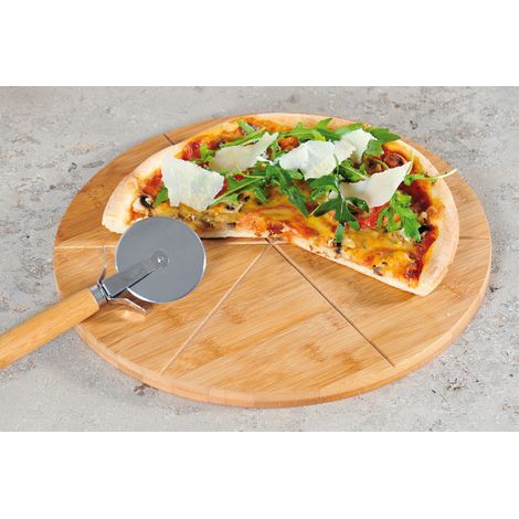 Pizzateller mit einem Messer, Pizzabrett, Pizzamesser,  Küchenzubehör, Bambus (1/2)