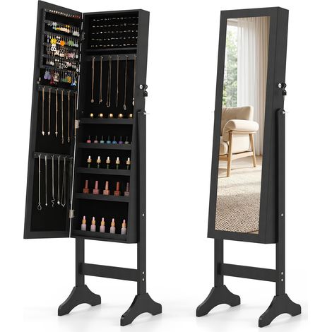 Armoire à Bijoux sur Pied avec Miroir Pleine Longueur, avec Porte Verrouillable, Dispositif Anti-basculement, 40 x 36 x 156 cm, Noir