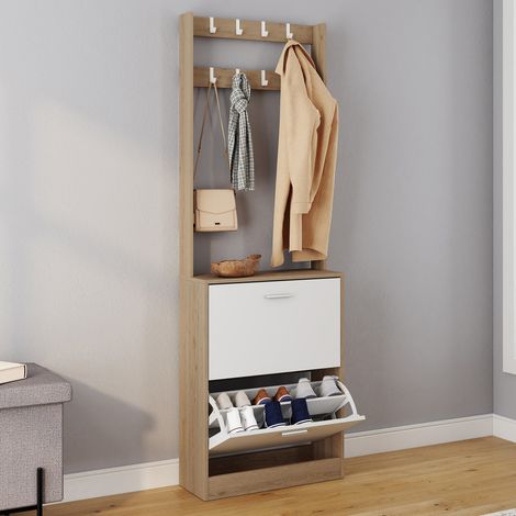 KLARK Armario zapatero de 2 puertas efecto madera y blanco